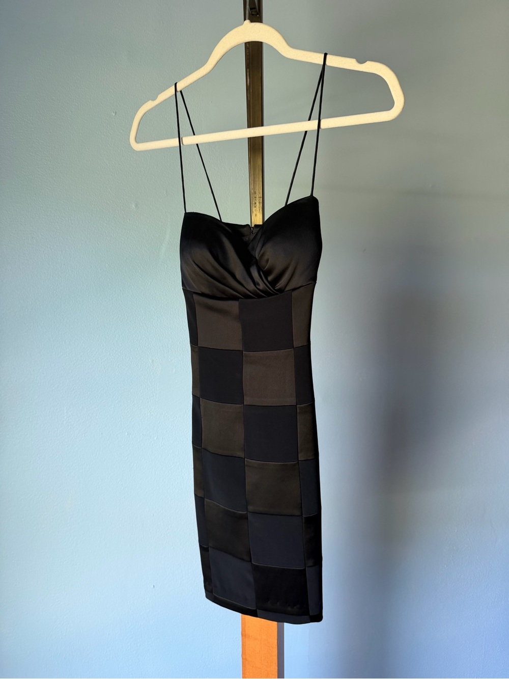 Nightline by della roufogali Black Spaghetti Strap Sheath Dress checkered patter